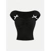 imageGirls Ruched Bust Sweetheart Neck Crop Tops Bowknot Short Sleeve Slim Fit Tee Shirt Going Out TopBlack