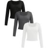 imageGirls 3 Pack Long Sleeve T Shirt Square Neck Slim Fit Basic Tee Tops Soft Fall TopsBlack Grey White