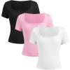 imageGirls 3 Packs Basic Tees Shirts Tops Square Neck Short Sleeve Slim Fit Summer Clothes Base Layer TeesWatermelon Pink