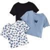 imageGirls 3 Packs Graphic Tees Butterfly Embroidery Short Sleeve T Shirt Crewneck Slim Fit TopsDusty Blue
