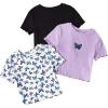 imageGirls 3 Packs Graphic Tees Butterfly Embroidery Short Sleeve T Shirt Crewneck Slim Fit TopsMulticolor