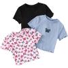 imageGirls 3 Packs Graphic Tees Butterfly Embroidery Short Sleeve T Shirt Crewneck Slim Fit TopsPink Multicolor