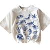 imageGirls Heart Print Drop Shoulder T Shirt Casual Short Sleeve Crew Neck Graphic Tee TopsWhite and Blue
