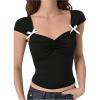 imageGirls Ruched Bust Sweetheart Neck Crop Tops Bowknot Short Sleeve Slim Fit Tee Shirt Going Out TopBlack