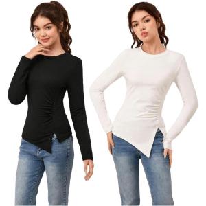 imageGirls 2 Pack Long Sleeve T Shirt Crew Neck Split Asymmetrical Hem Tee TopsBlack and White