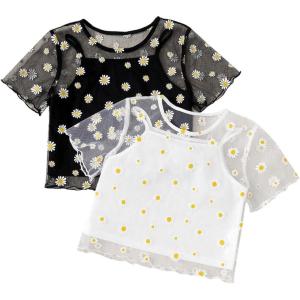 imageGirls 2 Packs Mesh Shirt Crop Tops Floral Print Short Sleeve Summer Cute Shirt Tops for TeensBlack and White