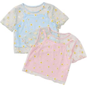 imageGirls 2 Packs Mesh Shirt Crop Tops Floral Print Short Sleeve Summer Cute Shirt Tops for TeensBlue Pink