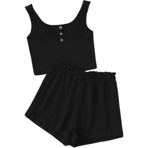 imageGirls 2 Piece Outfits Waffle Knit Scoop Neck Button Down Crop Tank Tops Paperbag Waist Track ShortsBlack