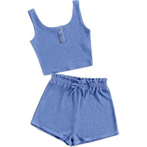 imageGirls 2 Piece Outfits Waffle Knit Scoop Neck Button Down Crop Tank Tops Paperbag Waist Track ShortsBlue