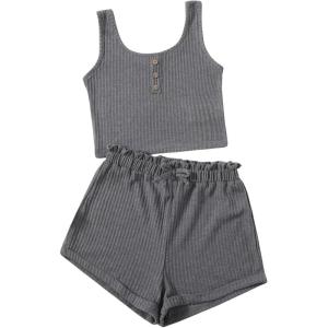 imageGirls 2 Piece Outfits Waffle Knit Scoop Neck Button Down Crop Tank Tops Paperbag Waist Track ShortsDark Grey
