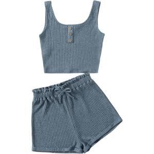 imageGirls 2 Piece Outfits Waffle Knit Scoop Neck Button Down Crop Tank Tops Paperbag Waist Track ShortsDusty Blue