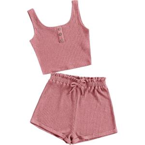 imageGirls 2 Piece Outfits Waffle Knit Scoop Neck Button Down Crop Tank Tops Paperbag Waist Track ShortsDusty Pink