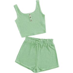 imageGirls 2 Piece Outfits Waffle Knit Scoop Neck Button Down Crop Tank Tops Paperbag Waist Track ShortsLight Green
