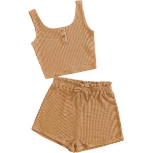 imageGirls 2 Piece Outfits Waffle Knit Scoop Neck Button Down Crop Tank Tops Paperbag Waist Track ShortsLight Khaki