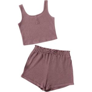 imageGirls 2 Piece Outfits Waffle Knit Scoop Neck Button Down Crop Tank Tops Paperbag Waist Track ShortsRedwood