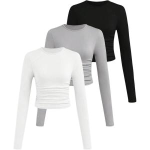 imageGirls 3 Pack Long Sleeve T Shirt Crew Neck Ruched Slim Fit Tops Casual Basic Tees Fall ClothesMulticolor