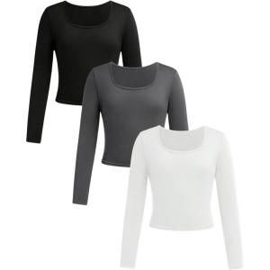 imageGirls 3 Pack Long Sleeve T Shirt Square Neck Slim Fit Basic Tee Tops Soft Fall TopsBlack Grey White