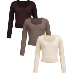 imageGirls 3 Pack Long Sleeve T Shirt Square Neck Slim Fit Basic Tee Tops Soft Fall TopsMocha Brown