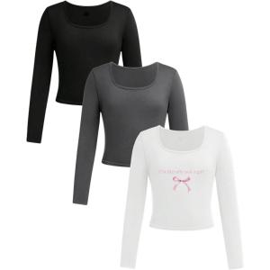 imageGirls 3 Pack Long Sleeve T Shirt Square Neck Slim Fit Basic Tee Tops Soft Fall TopsPure Grey