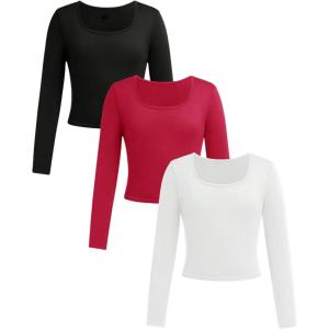 imageGirls 3 Pack Long Sleeve T Shirt Square Neck Slim Fit Basic Tee Tops Soft Fall TopsRed
