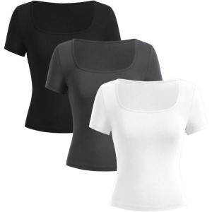 imageGirls 3 Packs Basic Tees Shirts Tops Square Neck Short Sleeve Slim Fit Summer Clothes Base Layer TeesMulticolor