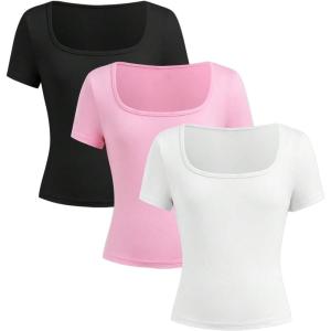 imageGirls 3 Packs Basic Tees Shirts Tops Square Neck Short Sleeve Slim Fit Summer Clothes Base Layer TeesWatermelon Pink