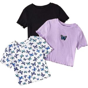 imageGirls 3 Packs Graphic Tees Butterfly Embroidery Short Sleeve T Shirt Crewneck Slim Fit TopsMulticolor