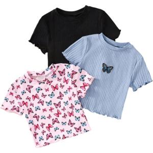 imageGirls 3 Packs Graphic Tees Butterfly Embroidery Short Sleeve T Shirt Crewneck Slim Fit TopsPink Multicolor