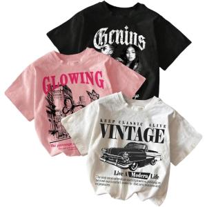 imageGirls 3 Packs Graphic Tees Crew Neck Short Sleeve T Shirt Casual Cute TopsBlack White Pink