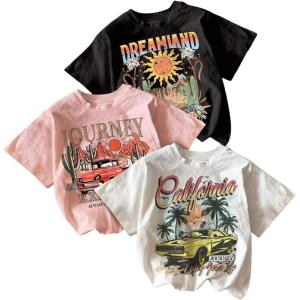 imageGirls 3 Packs Graphic Tees Crew Neck Short Sleeve T Shirt Casual Cute TopsGraphic Multicolor