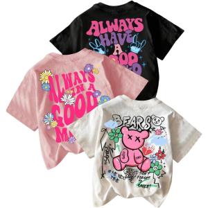 imageGirls 3 Packs Graphic Tees Crew Neck Short Sleeve T Shirt Casual Cute TopsMulticolor