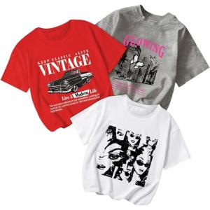 imageGirls 3 Packs Graphic Tees Crew Neck Short Sleeve T Shirt Casual Cute TopsPatterned Multicolor