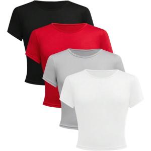 imageGirls 4 Pack Slim Fit Crop Tops Short Sleeve Crewneck Summer Shirts Tops Basic Layer TeesMulticolor