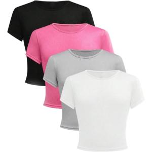 imageGirls 4 Pack Slim Fit Crop Tops Short Sleeve Crewneck Summer Shirts Tops Basic Layer TeesMulticoloured