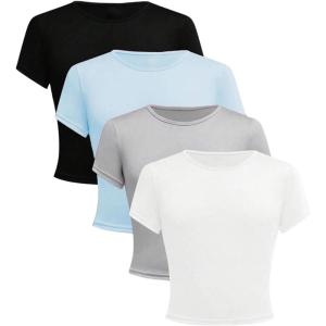 imageGirls 4 Pack Slim Fit Crop Tops Short Sleeve Crewneck Summer Shirts Tops Basic Layer TeesPlain Multicolor