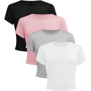 imageGirls 4 Pack Slim Fit Crop Tops Short Sleeve Crewneck Summer Shirts Tops Basic Layer TeesSolid Multicolor