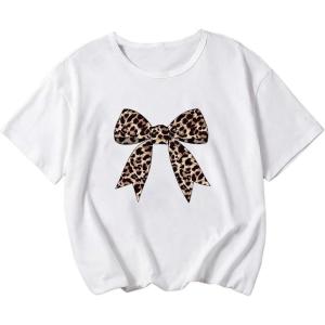imageGirls Bow Graphic Tees Short Sleeve Crew Neck Cute Shirts Slim Fit Summer T Shirts Tops for TeensBow White