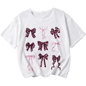 imageGirls Bow Graphic Tees Short Sleeve Crew Neck Cute Shirts Slim Fit Summer T Shirts Tops for TeensCheetah White