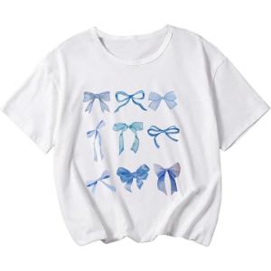 imageGirls Bow Graphic Tees Short Sleeve Crew Neck Cute Shirts Slim Fit Summer T Shirts Tops for TeensWhite