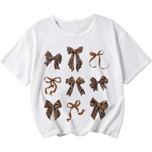 imageGirls Bow Graphic Tees Short Sleeve Crew Neck Cute Shirts Slim Fit Summer T Shirts Tops for TeensWhite Brown
