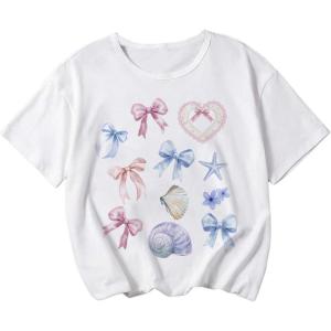 imageGirls Bow Graphic Tees Short Sleeve Crew Neck Cute Shirts Slim Fit Summer T Shirts Tops for TeensWhite Graphic