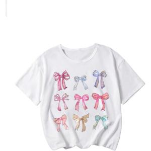 imageGirls Bow Graphic Tees Short Sleeve Crew Neck Cute Shirts Slim Fit Summer T Shirts Tops for TeensWhite With Bow