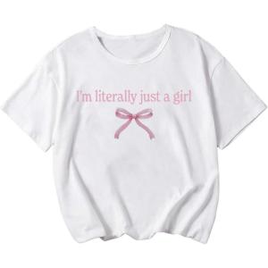 imageGirls Bow Graphic Tees Short Sleeve Crew Neck Cute Shirts Slim Fit Summer T Shirts Tops for TeensWhite With Pink