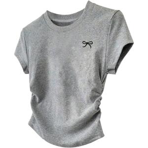 imageGirls Bow Graphic Tees Short Sleeve Crew Neck T Shirt Slim Fit Ruched Tops 2025 Summer TopBow Grey