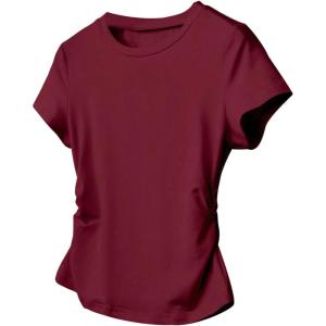 imageGirls Bow Graphic Tees Short Sleeve Crew Neck T Shirt Slim Fit Ruched Tops 2025 Summer TopBurgundy