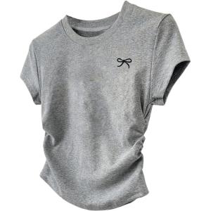 imageGirls Bow Graphic Tees Short Sleeve Crew Neck T Shirt Slim Fit Ruched Tops 2025 Summer TopGrey