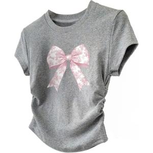 imageGirls Bow Graphic Tees Short Sleeve Crew Neck T Shirt Slim Fit Ruched Tops 2025 Summer TopGrey and Pink