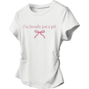 imageGirls Bow Graphic Tees Short Sleeve Crew Neck T Shirt Slim Fit Ruched Tops 2025 Summer TopWhite Bow