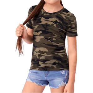 imageGirls Camo Print Short Sleeve Tee Shirt Crew Neck Summer Casual Tee TopsMulticolor