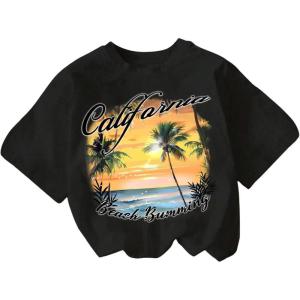 imageGirls Drop Shoulder Letter Star Print Tee Tops Loose Short Sleeve Crew Neck T ShirtsBlack Tropical